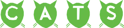 Logo chữ "CATS" với các chữ cái được lồng ghép vào hình ảnh đầu mèo màu xanh lá cây trên nền xám.