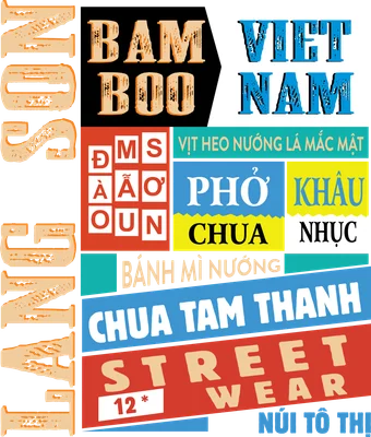 Hình ảnh typography nhiều màu sắc với các từ khóa tiếng Việt và tiếng Anh như 'VIỆT NAM', 'PHỞ', 'STREET WEAR', 'TRENDING'.