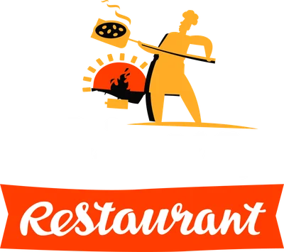 Hình ảnh minh họa thợ làm bánh pizza đang lấy pizza ra khỏi lò nướng, với chữ 'Pizza Restaurant' bên dưới.
