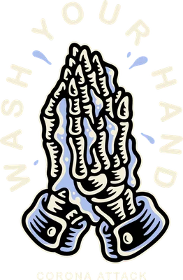 Hình minh họa đôi bàn tay xương chắp lại với dòng chữ Wash Your Hand phong cách retro