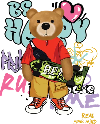 Hình ảnh gấu teddy đội mũ, mặc áo đỏ, quần vàng, cầm ván trượt, nền graffiti