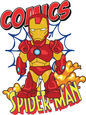 Hình vẽ chibi Iron Man mặc bộ giáp đỏ vàng, đứng trên chữ SPIDER MAN, có hiệu ứng khói lửa và mạng nhện.