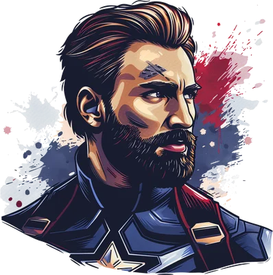 Hình minh họa Captain America râu quai nón với vết sẹo trên trán, phong cách comic, nền xám và vệt màu đỏ xanh.