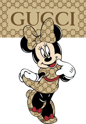 Hình ảnh Minnie Mouse mặc trang phục in họa tiết Gucci, phía sau có logo Gucci lớn.