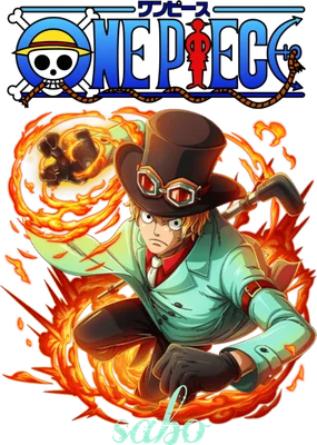 Nhân vật Sabo trong One Piece với bộ đồ xanh mint, mũ cao bồi, kính và bao quanh bởi ngọn lửa.