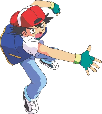 Hình ảnh Ash Ketchum từ Pokémon trong tư thế năng động, đội mũ đỏ và mặc áo vest xanh, sẵn sàng hành động.