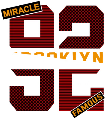 Thiết kế đồ họa với số 92 và 93 lớn, chữ BROOKLYN, NEW YORK, MIRACLE, FAMOUS trên nền xám, phong cách đường phố.