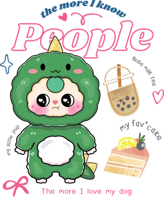 Hình minh họa nhân vật chibi mặc đồ khủng long xanh lá, bên cạnh là ly trà sữa trân châu và miếng bánh ngọt có chanh.