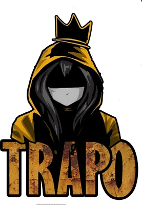 Hình ảnh nhân vật hoạt hình bí ẩn đội vương miện, mặc áo hoodie màu vàng đen, chữ TRAPO phía dưới.