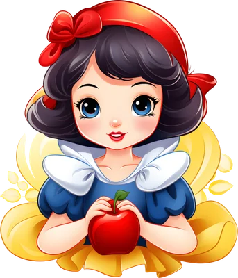 Hình minh họa nàng Bạch Tuyết phong cách chibi với mái tóc đen, nơ đỏ, váy xanh và cổ áo trắng, đang cầm một quả táo đỏ.