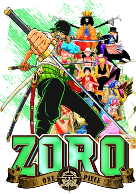 Hình ảnh Zoro cầm kiếm cùng các thành viên băng Mũ Rơm, có chữ ZORO và logo One Piece.