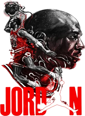 Hình ảnh nghệ thuật Michael Jordan đang chơi bóng rổ, với khuôn mặt lớn và tên 'JORDAN' bên dưới.