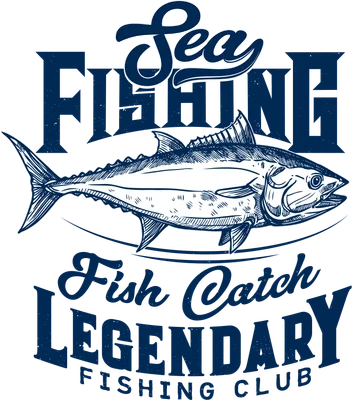 Hình minh họa cá ngừ đại dương màu xanh trắng với chữ 'Sea Fishing Legendary Fish Catch Fishing Club' trên nền xám.