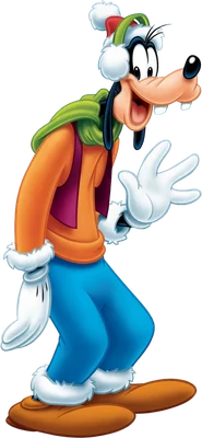 Nhân vật hoạt hình Goofy của Disney đang cười tươi, đội mũ Giáng Sinh đỏ xanh và mặc trang phục mùa đông.