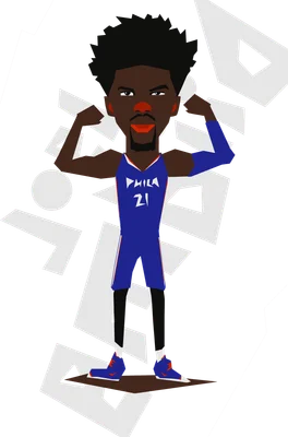 Hình vẽ hoạt hình vận động viên bóng rổ Joel Embiid mặc áo số 21 của Philadelphia 76ers, đang flex cơ bắp.