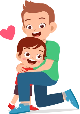 Hình ảnh minh họa bố đang ôm con trai với biểu cảm vui vẻ, có trái tim màu hồng bên cạnh.
