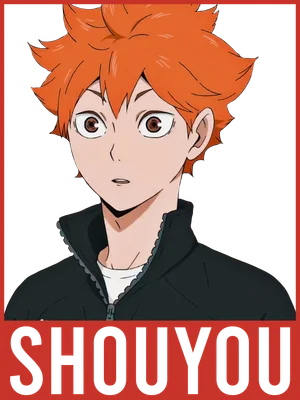 Hình ảnh nhân vật anime Shoyo Hinata với mái tóc cam, mặc áo khoác đen, có chữ 'SHOYOU' bên dưới.