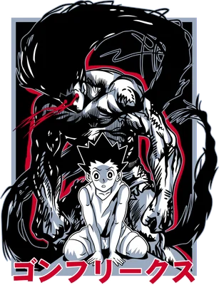 Hình ảnh Gon Freecss từ Hunter x Hunter với hình dạng sức mạnh bóng tối phía sau, phong cách anime.