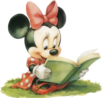 Minnie Mouse hoạt hình ngồi trên cỏ đọc sách với chiếc nơ hồng lớn, váy chấm bi đỏ và giày đỏ. Hình ảnh dễ thương.