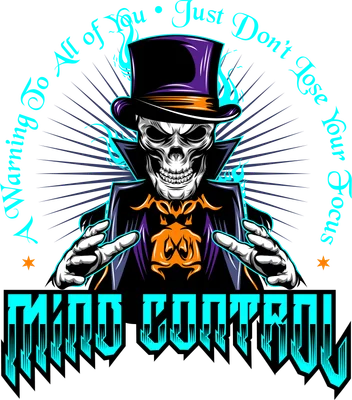 Hình minh họa đầu lâu đội mũ ảo thuật gia với dòng chữ Mind Control phong cách dark art