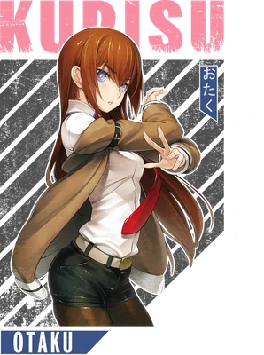 Hình ảnh anime cô gái Kurisu Makise với mái tóc nâu, mắt xanh, mặc áo sơ mi trắng, cà vạt đỏ và áo khoác nâu, tạo dáng chữ V.