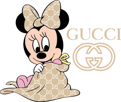Hình ảnh Minnie Mouse mặc đồ họa tiết Gucci, ngồi ôm chăn, bên cạnh là logo Gucci.