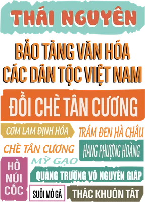 Thiết kế typography liệt kê các địa danh, đặc sản nổi tiếng của tỉnh Thái Nguyên như Hồ Núi Cốc, Đồi Chè Tân Cương.