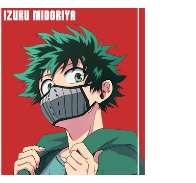 Hình vẽ Izuku Midoriya, nhân vật anime với mái tóc xanh lá, đeo mặt nạ xám, mặc áo khoác xanh lá.