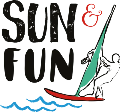 Hình ảnh chữ "Sun & Fun" với biểu tượng người lướt ván buồm và sóng nước.