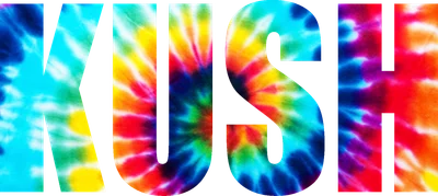 Chữ KUSH với họa tiết tie-dye nhiều màu sắc rực rỡ trên nền xám.