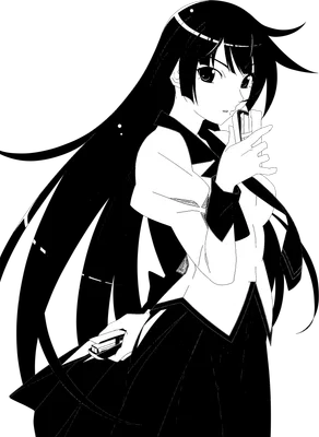 Hình vẽ anime cô gái tóc đen dài, mặc đồng phục, tay cầm vật nhỏ, phong cách đen trắng.