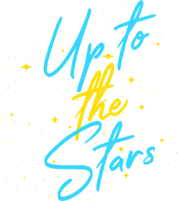Hình ảnh chữ "Up to the Stars" viết tay màu xanh dương và vàng trên nền xám với các chấm và ngôi sao nhỏ màu vàng.