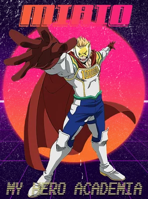 Nhân vật anime Mirio Togata trong trang phục anh hùng, giơ tay về phía trước, nền retro với hình tròn màu hồng và tím.