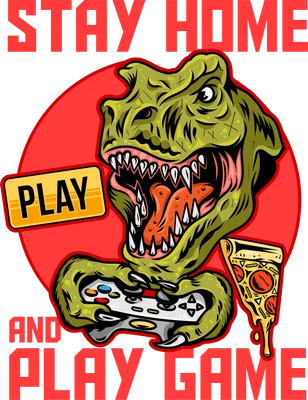 Hình minh họa khủng long T-Rex đang chơi game cầm tay kèm miếng pizza, phong cách hoạt hình màu sắc nổi bật