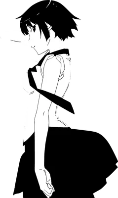 Hình ảnh cô gái anime tóc ngắn, mặc áo sơ mi và váy đen, tay đưa lên tóc, phong cách tối giản.