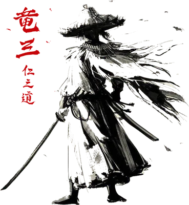 Hình vẽ chiến binh samurai mặc áo choàng, đội mũ rơm, cầm kiếm, phong cách tranh thủy mặc