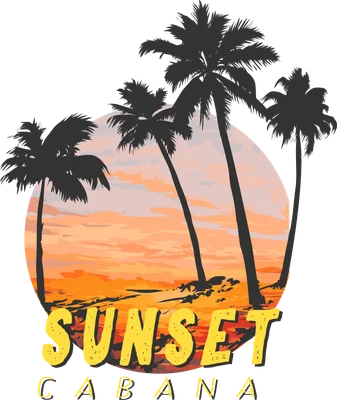 Hình ảnh minh họa hoàng hôn nhiệt đới với bóng cây dừa đổ xuống bãi biển, chữ "Sunset Cabana"