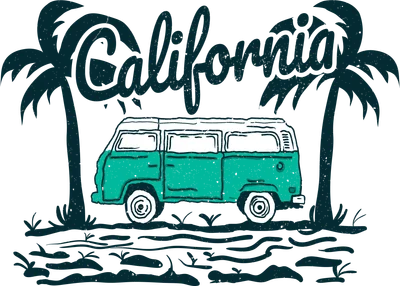 Hình minh họa xe bus cổ điển California với cây cọ phong cách retro vintage