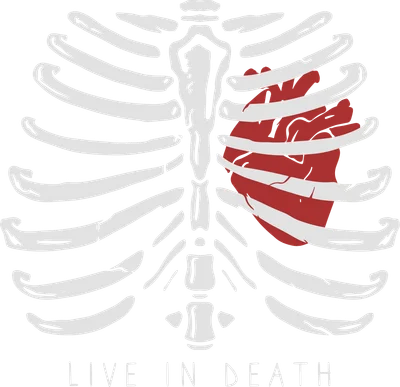 Hình minh họa lồng ngực xương sườn màu trắng với trái tim đỏ bên trong, chữ 'LIVE IN DEATH' ở dưới.