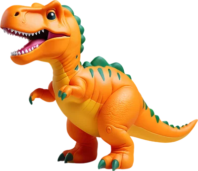 Hình ảnh khủng long T-Rex hoạt hình màu cam vàng với gai xanh, miệng há to, tạo dáng năng động trên nền xám.