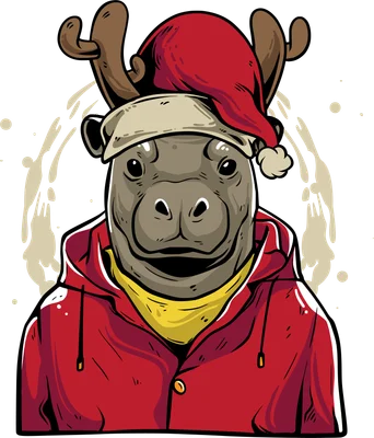 Hình ảnh minh họa hà mã đội mũ ông già Noel và sừng tuần lộc, mặc áo hoodie đỏ.