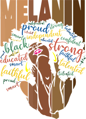 Hình ảnh minh họa người phụ nữ da màu với mái tóc afro, bao quanh bởi các từ ngữ tích cực như 'proud', 'strong', 'independent', 'talented', 'educated', 'smart', 'faithful', 'confident', 'black'. Chữ 'MELANIN' lớn phía trên.