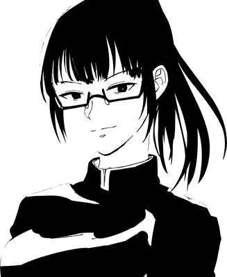 Hình vẽ anime cô gái đeo kính, tóc đen, biểu cảm cool ngầu, mặc đồng phục.