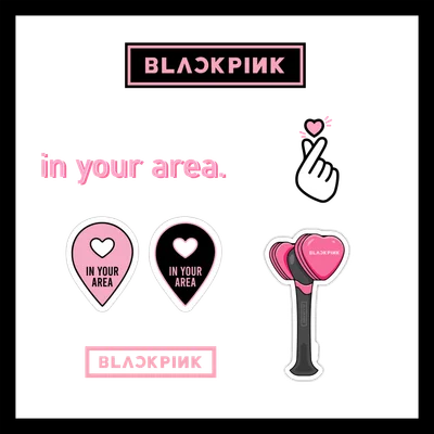 Bộ sticker Blackpink gồm logo, lightstick, ký hiệu trái tim và slogan "in your area"