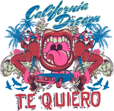 Thiết kế đồ họa California Dream với hình ảnh đôi môi, xe cổ và họa tiết retro cá tính