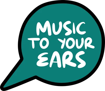 Hình ảnh bong bóng thoại màu xanh ngọc bích với dòng chữ "MUSIC TO YOUR EARS" màu trắng.