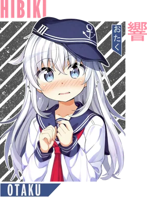 Hình ảnh cô gái anime tóc bạc dài, mặc đồng phục thủy thủ, đội mũ xanh có mỏ neo, biểu cảm ngại ngùng.