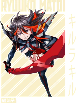 Hình ảnh Ryuko Matoi, nhân vật anime với mái tóc đen đỏ, trang phục chiến đấu và thanh kiếm đỏ.