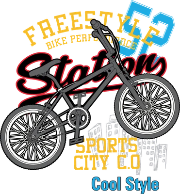 Hình ảnh minh họa xe đạp BMX freestyle với chữ 'FREESTYLE', 'BIKE PERFORMANCE', 'Stations', 'SPORTS CITY C.O', 'Cool Style' trên nền xám.