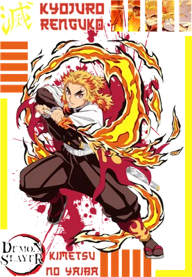 Hình ảnh Kyojuro Rengoku từ Demon Slayer với ngọn lửa bao quanh, tay cầm kiếm.